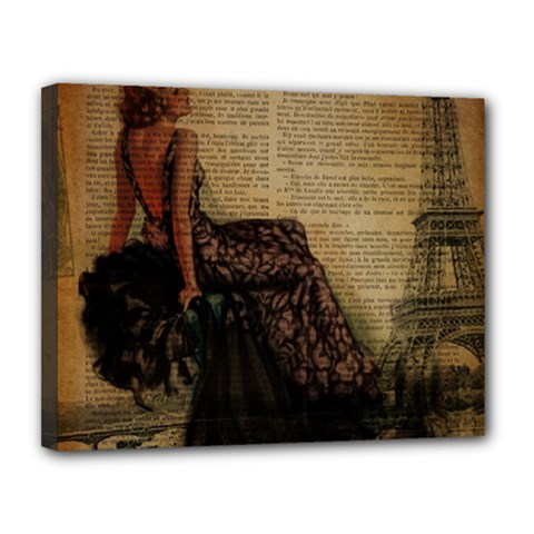 Elegant Evening Gown Lady Vintage Newspaper Print Pin Up Girl Paris Eiffel Tower Canvas 14  X 11  (framed) by chicelegantboutique