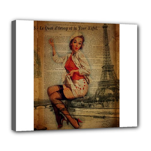  Vintage Newspaper Print Pin Up Girl Paris Eiffel Tower Funny Vintage Retro Nurse  Deluxe Canvas 24  X 20  (framed) by chicelegantboutique