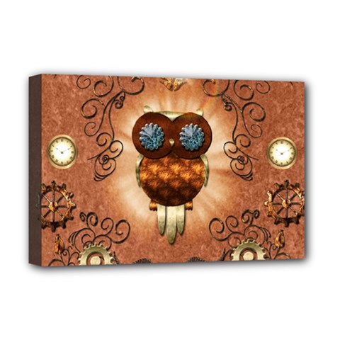 Steampunk, Funny Owl With Clicks And Gears Deluxe Canvas 18  X 12   by FantasyWorld7