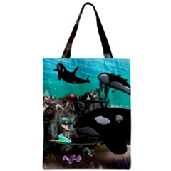 Cute Mermaid Playing With Orca Zipper Classic Tote Bags by FantasyWorld7