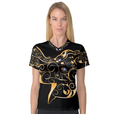 Beautiful Elephant Made Of Golden Floral Elements Women s V-neck Sport Mesh Tee by FantasyWorld7