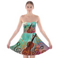 Violin With Violin Bow And Key Notes Strapless Bra Top Dress by FantasyWorld7