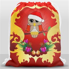 Funny, Cute Christmas Owl  With Christmas Hat Drawstring Bag (large) by FantasyWorld7