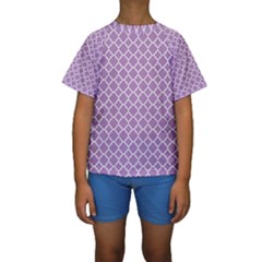 Purple Lilac White Quatrefoil Classic Pattern Kid s Short Sleeve Swimwear by Zandiepants