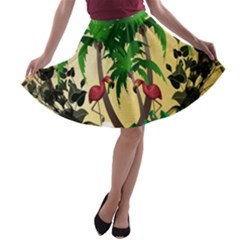 Tropical Design With Flamingo And Palm Tree A-line Skater Skirt by FantasyWorld7