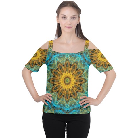 Blue Yellow Ocean Star Flower Mandala Women s Cutout Shoulder Tee by Zandiepants