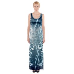 Music, Decorative Clef With Floral Elements In Blue Colors Maxi Thigh Split Dress by FantasyWorld7