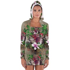 Wonderful Tropical Design With Palm And Flamingo Women s Long Sleeve Hooded T-shirt by FantasyWorld7