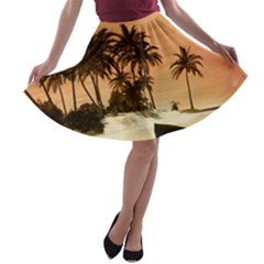 Wonderful Sunset Over The Beach, Tropcal Island A-line Skater Skirt by FantasyWorld7