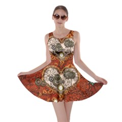 Steampunk, Wonderful Heart With Clocks And Gears On Red Background Skater Dress by FantasyWorld7