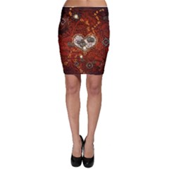 Steampunk, Wonderful Heart With Clocks And Gears On Red Background Bodycon Skirt by FantasyWorld7