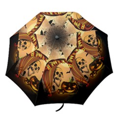 Halloween, Funny Pumpkin With Skull And Spider In The Night Folding Umbrellas by FantasyWorld7