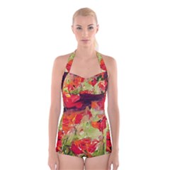 Abstact Poppys Art Print Boyleg Halter Swimsuit  by artistpixi