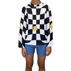 Dropout Yellow Black And White Distorted Check Kids  Long Sleeve Swimwear by designworld65