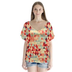 Modern Hipster Triangle Pattern Red Blue Beige Flutter Sleeve Top by EDDArt