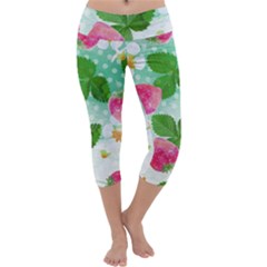 Cute Strawberries Pattern Capri Yoga Leggings by DanaeStudio