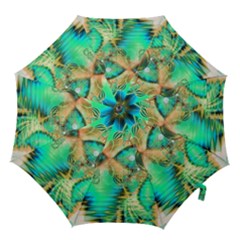 Golden Teal Peacock, Abstract Copper Crystal Hook Handle Umbrellas (small) by DianeClancy