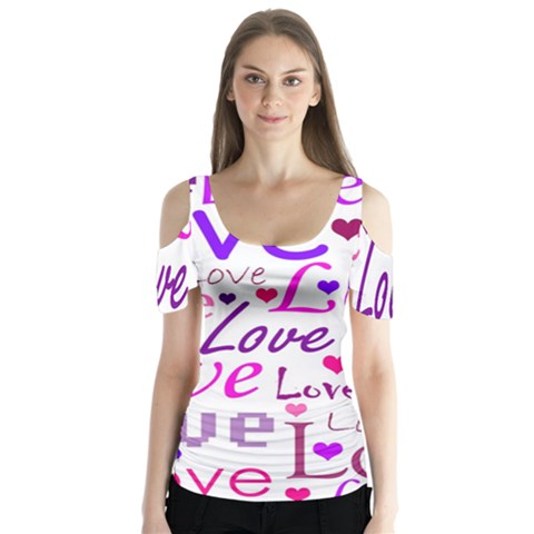 Love Pattern Butterfly Sleeve Cutout Tee  by Valentinaart