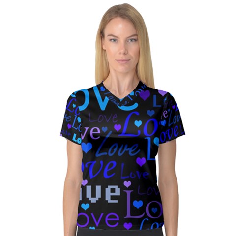 Blue Love Pattern Women s V-neck Sport Mesh Tee by Valentinaart