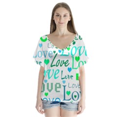 Love Pattern - Green And Blue Flutter Sleeve Top by Valentinaart
