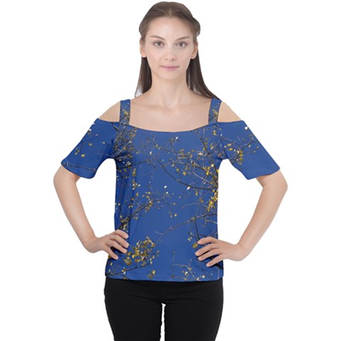 Poplar Foliage Yellow Sky Blue Women s Cutout Shoulder Tee by Amaryn4rt