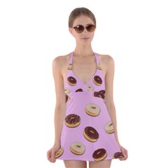 Donuts Pattern - Pink Halter Swimsuit Dress by Valentinaart