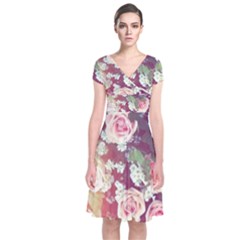 Pink Pastel Roses Short Sleeve Front Wrap Dress by Brittlevirginclothing