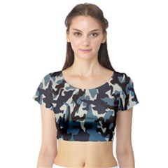 Blue Water Camouflage Short Sleeve Crop Top (tight Fit) by Nexatart