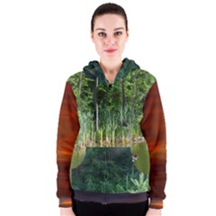 Green Water And Green Trees And Sunset Women s Zipper Hoodie by SusanFranzblau