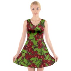 Cherry Jammy Pattern V-neck Sleeveless Skater Dress by Valentinaart