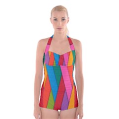 Colorful Lines Pattern Boyleg Halter Swimsuit  by Simbadda