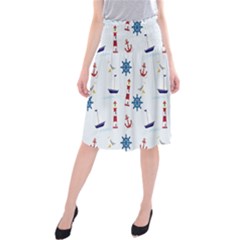 Seaside Nautical Themed Pattern Seamless Wallpaper Background Midi Beach Skirt by Simbadda
