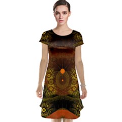 Fractal Yellow Design On Black Cap Sleeve Nightdress by Amaryn4rt