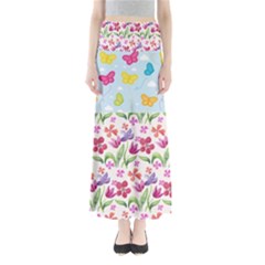 Watercolor Flowers And Butterflies Pattern Maxi Skirts by TastefulDesigns