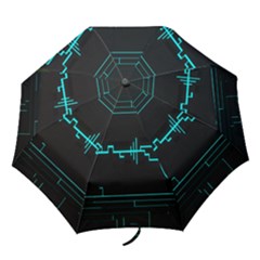 Blue Aqua Digital Art Circuitry Gray Black Artwork Abstract Geometry Folding Umbrellas by Simbadda
