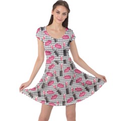 Pink Tweed Pattern Kissing Lips Lipsticks Liners Cap Sleeve Dress by CoolDesigns