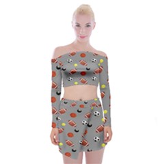 Balltiled Grey Ball Tennis Football Basketball Billiards Off Shoulder Top With Skirt Set by Mariart