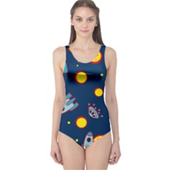 Rocket Ufo Moon Star Space Planet Blue Circle One Piece Swimsuit by Mariart