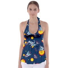 Rocket Ufo Moon Star Space Planet Blue Circle Babydoll Tankini Top by Mariart