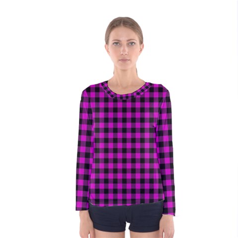 Lumberjack Fabric Pattern Pink Black Women s Long Sleeve Tee by EDDArt