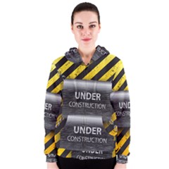 Under Construction Sign Iron Line Black Yellow Cross Women s Zipper Hoodie by Mariart