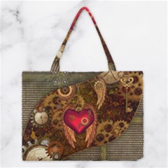 Steampunk Golden Design, Heart With Wings, Clocks And Gears Medium Tote Bag by FantasyWorld7