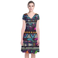 Cute Hipster Elephant Backgrounds Short Sleeve Front Wrap Dress by BangZart