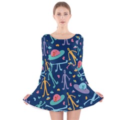 Alien Pattern Blue Long Sleeve Velvet Skater Dress by BangZart