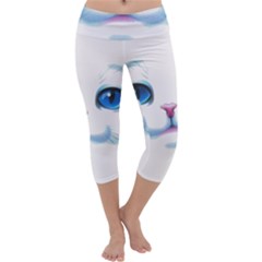 Cute White Cat Blue Eyes Face Capri Yoga Leggings by BangZart