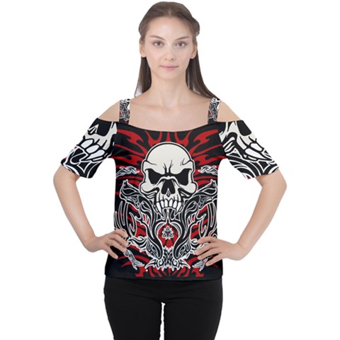 Skull Tribal Cutout Shoulder Tee by Valentinaart
