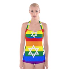 Gay Pride Israel Flag Boyleg Halter Swimsuit  by Valentinaart