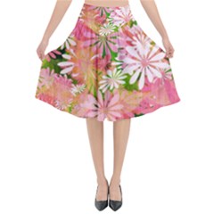Pink Flowers Floral Pattern Flared Midi Skirt by paulaoliveiradesign
