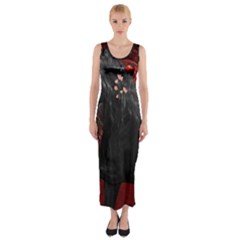 Awesmoe Black Horse With Flowers On Red Background Fitted Maxi Dress by FantasyWorld7
