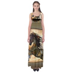 Steampunk, Wonderful Steampunk Horse With Clocks And Gears, Golden Design Empire Waist Maxi Dress by FantasyWorld7